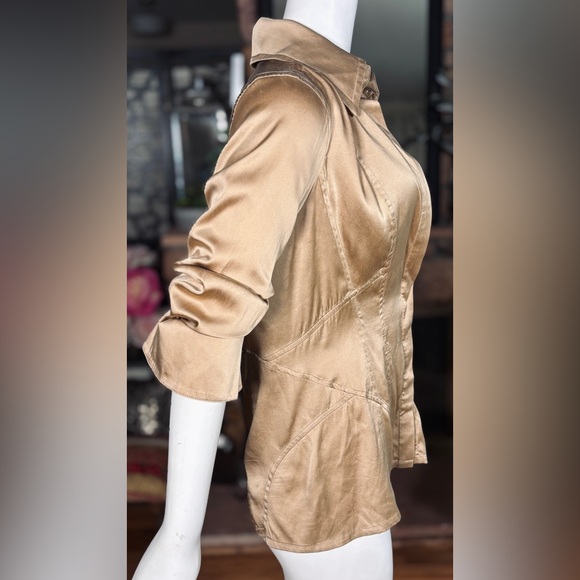 Kaufmanfranco Tan Stretch Silk Button Down Collared Blouse w/ Lace Bralette Sz 8 - Picture 3 of 11